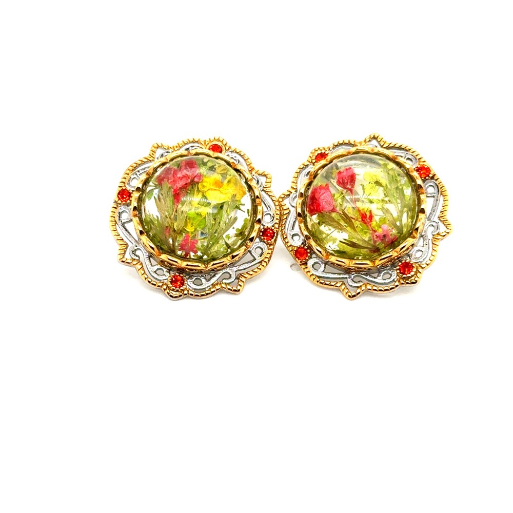 Vintage Real Dried Flower Resin Clip On Earrings 316L Stainless Steel Two Tone